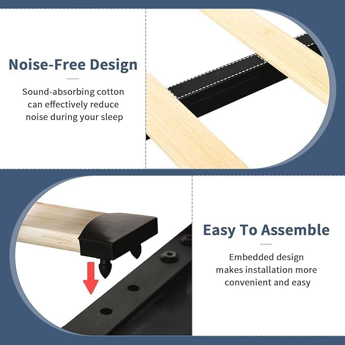 Diagram illustrating the noise-free design and easy assembly features of the bed frame