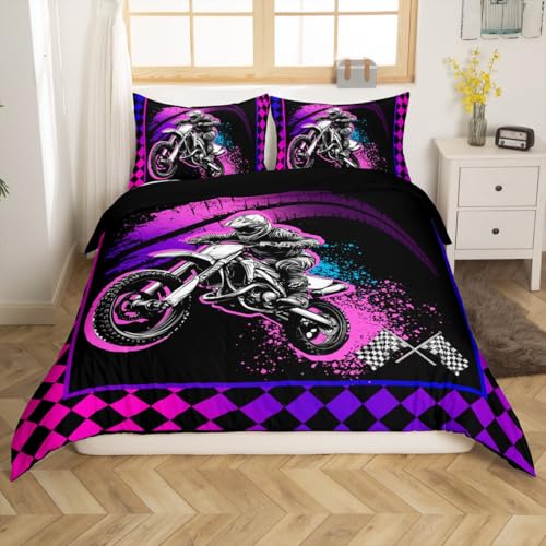 Feelyou Dirt Bike Duvet Cover Set Extreme Sports Bedding Set for Kids Boys Girls Motocross Rider Comforter Cover Motorcycle Quilt Cover Room 3Pcs Full Size,Zipper,No Comforter