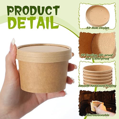 Image of Fulmoon 8 oz 100 Pack Paper Containers with Lids Soup Bowl Cup, Brown | Disposable Ice Cream Cup, Kraft Food Containers with Vented Lid Stackable for Hot Soup Dessert Cake Fruit Microwave Takeout