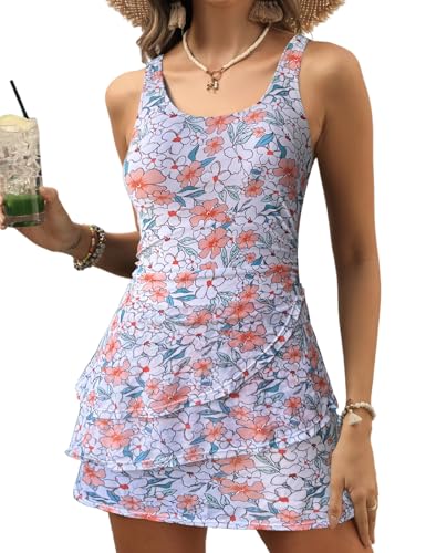 Image of VIMPUNEC Women One Piece Swim Dress Swimsuit Tummy Control Modest Swim Skirt Bathing Suit Floral Yellow XL