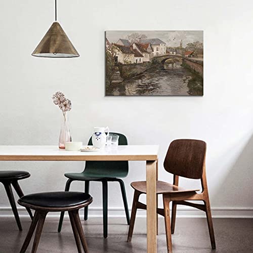 Framed Canvas Print Wall Art, Farmhouse Decor, Village House By The River, Country-Side View Photography Realism Oil Painting For Living Room, Bedroom, Office Wall Decor, Old European Country River, Wrapped Framed #TOP3