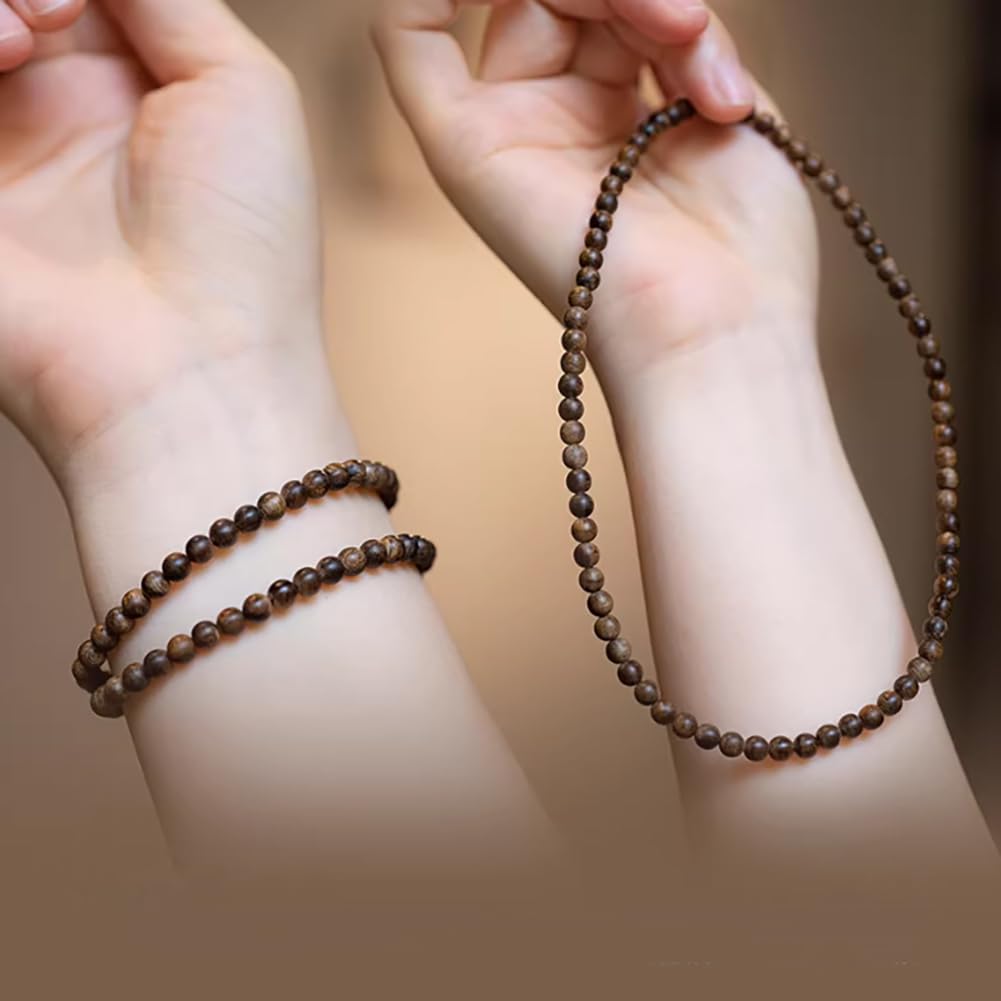 Pulsera de Cuentas de Madera de agar Natural Pulsera de Cuentas de Madera Pulida a Mano de Doble hebra para Mujer,4mm