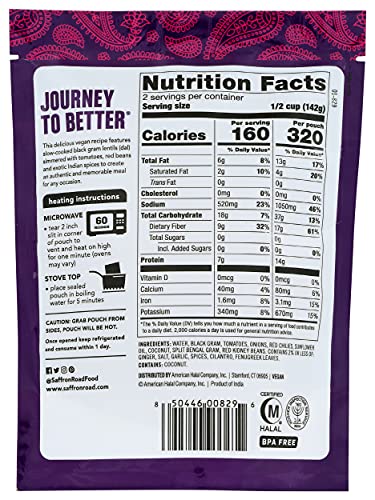 Saffron Road Bombay Lentils Meal Pouch, 10 oz - Vegan, Gluten Free, Non GMO, Halal, Kosher