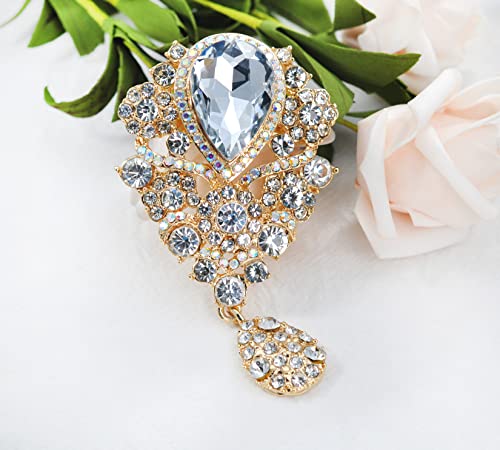 Image of Gyn&Joy Women's Austrian Crystal Bouquet Flower Teardrop Large Gorgeous Brooch Pin