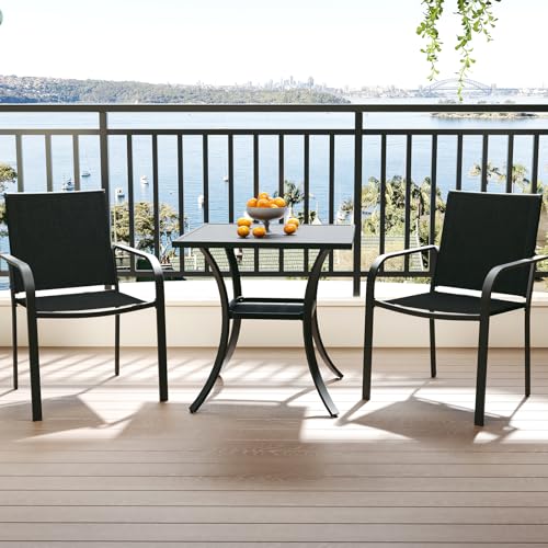 Image of Anmutig 3-Piece Outdoor Dining Set, Powder Coated Steel Table with 2 Stackable Sling Chairs, 27.5 x 27.5 Inch Square Table, Black Fabric