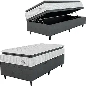 Cama Box Baú Colchão Solteiro Molas Ensacadas City Pillow Top 88x188x64cm Branco/Cinza Hellen - Suporta até 110kg por Pessoa