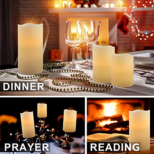 Image of VETOUR Battery Operated Flameless Candles: Remote Control LED Electric Set of 3 H4 inch5 inch6 inchD3.15 inch Ivory Real Wax Pillar Flickering Candle with Timer Home Halloween Christmas Gift Deco