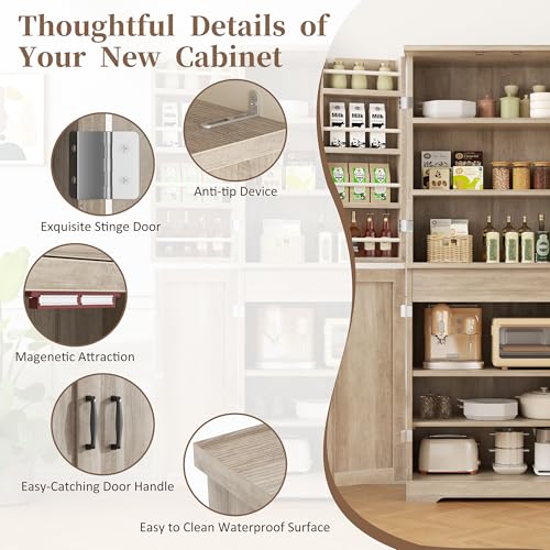 Image of Shintenchi Kitchen Pantry Cabinet, Freestanding Farmhouse Storage Cabinet with 8 Door Shelves, 2 Cabinets and 1 Drawer, Tall Cupboard for Kitchen, Living Room, Dining Room and Bathroom, Ash Gray