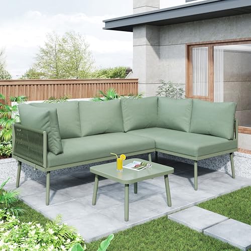 Zepneiy Set di mobili da giardino lounge per esterni, set di mobili da giardino a forma di L, con 2 divani e 1 tavolo, mobili da balcone, divano da giardino in ferro e corda verde, con cuscino di