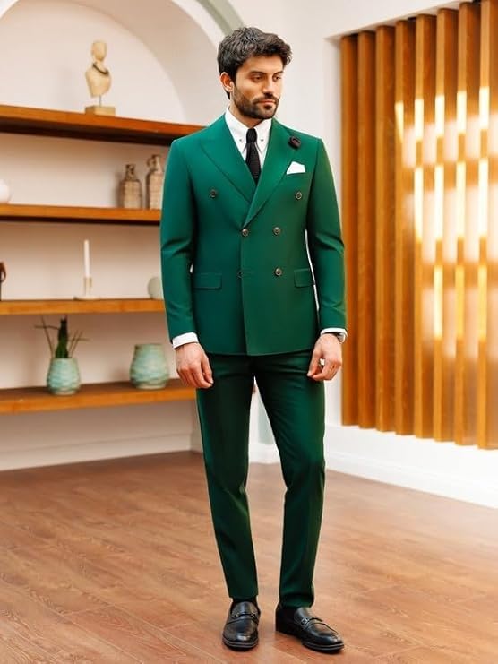 Green Double Breasted Suit for Men | 2-Piece Slim Fit Blazer & Trouser Set | Tailored Men’s Formalwear3