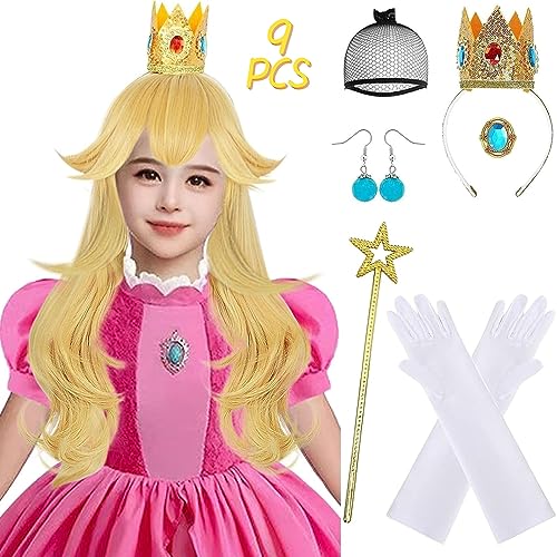 Ebingoo Golden Princess Kids Girls Long Blonde Wavy Wig Set with Natural Synthetic Hair for Halloween Party (Wig Cap+Crown+Gloves+Magic Wand+Earrings+Brooch)