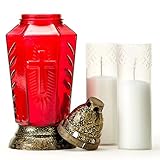 Taultic Lights Cemetery Memorial Candle | Gravesite Remembrance Decor | Tall Red Glass Lantern Candle Holder with Heat Resistant Snap On Plastic Top and Base for Both Outdoor and Indoor | Prayer Card