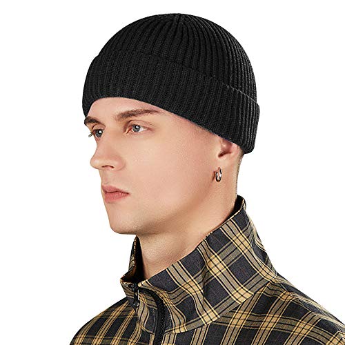 Vidsel Short Fisherman Beanie For Men Women, Swag Wool Knit Cuff Trawler Skullcap,Winter Warm Hats Black #TOP1