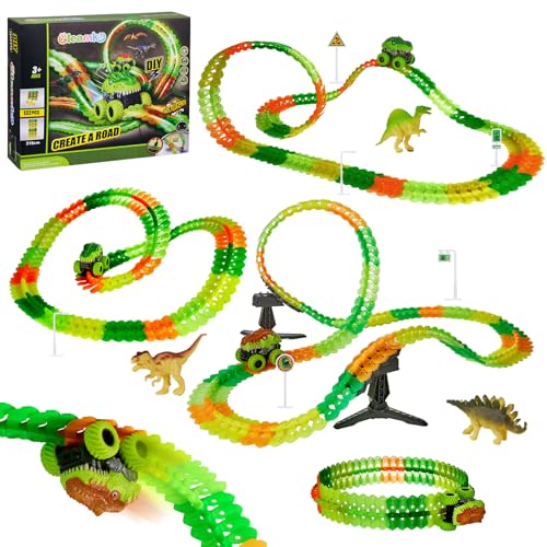 GleamKid Spielzeug ab 3 Jahre Autorennbahn Auto Set,Dinosaurier Auto Spielzeuge,Leucht Flexible Autorennbahn Rennbahn Kinder Spielzeug,Geschenk für Kinder ab 3 4 5 6 7 8 Jahre Jungen Mädche