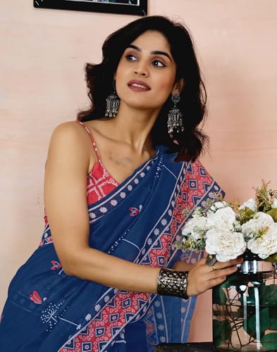 Image of SIRIL Women's Printed Chanderi Cotton One Minute Ready to Wear Saree with Unstitched Blouse Piece