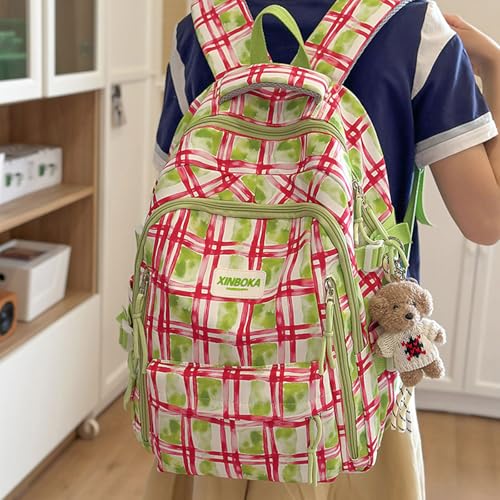 Teclado Kawaii Backpack with Cute Accessories Plaid Nylon Casual Bookbags with Pendants Laptop Bag Travel Daypacks (Pink)2
