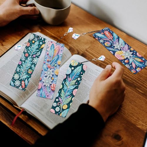 Image of 4 Pcs DIY 5D Diamond Painting Bookmark Kits, Special Shaped Acrylic Crystal Rhinestones Book Marks, Feather Diamond Art Bookmarks Crafts with Crystal Pendant, Handmade Tassel Bookmarks Gift Set