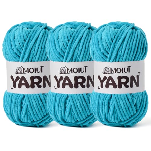 Image of 3 Pack Fluffy Chenille Yarn for Crocheting, Chunky Velvet Yarns for Crochet Amigurumi, Baby Yarn for Crocheting Soft Blanket, 262.4yds /10.5 oz Bulky Yarns for Crafts /Hats /Shoes /Socks (3 Lake Blue)
