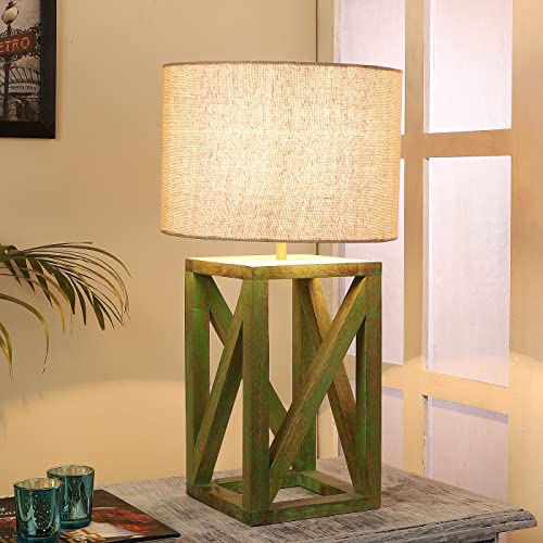 Image of tu casa Handcrafted Mango Wood Table Lamp with Pleated Off-White Cotton Fabric Shade | Elegant Bedside Night Lamp for Bedroom & Living Room