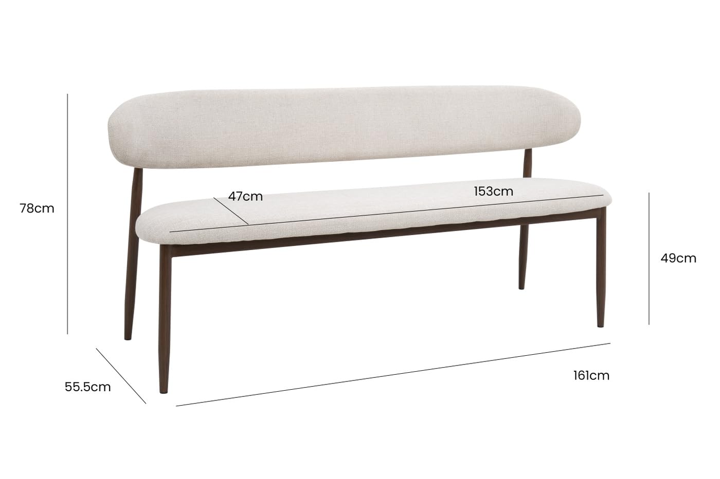 Giga Meubel Esszimmerbank Alexia 160 cm | Beige/Walnuss Design | Bequeme Stoffbank mit Rückenlehne & Metallgestell | Mid Century Bank für Esszimmer & Küche | 300 kg Tragkraft