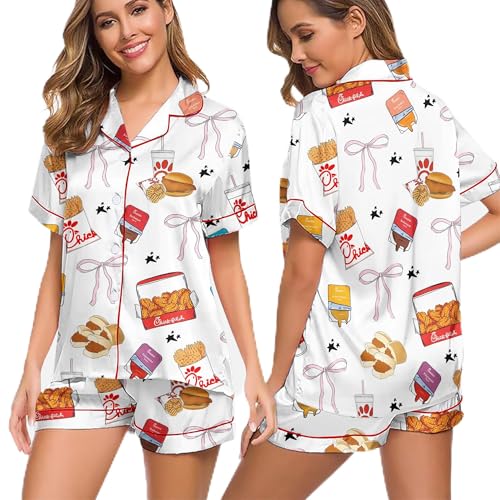 Chick-Fil Chicken Nuggets Satin Pajama Set – Coquette Style Sleepwear for Her,Cute Loungewear Gift for
