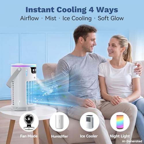 Image of Portable Air Conditioners, 40oz Mini Air Conditioner for Room, Portable Evaporative Air Cooler with 3 Wind Speeds, 3 Cool Mist Modes & 7 LED Lights, 8H Timer, Personal Cooling Fan for Office Desk