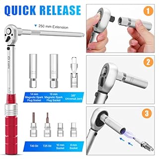VANPO Chiave Dinamometrica 3/8'', 5-60Nm Moto e Bici Chiavi Manutenzione Set, Precisione ± 3% con 25cm Barra di Prolunga, Giunto Universale, Presa Magnetica per Candele, Torx e Presa
