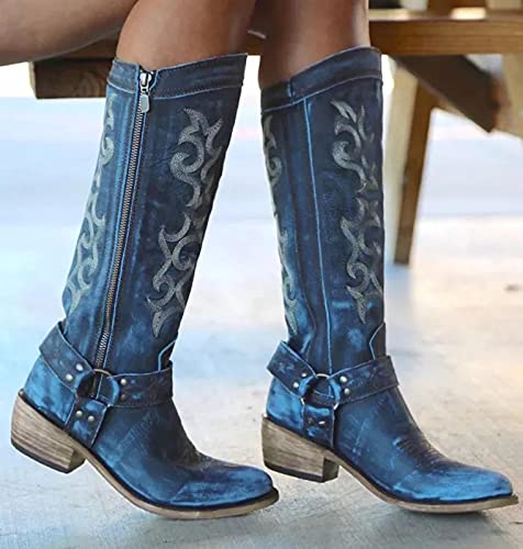 Hbeylia Western Boots For Women Vintage Casual Breathable Denim Round Toe Chunky Low Heels Western Cowgirls Boots Women'S Knee High Length Tall Riding Boots For Ladies Autumn Winter3