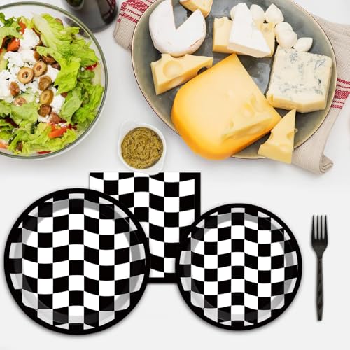 Image of 96PCS Race Car Birthday Party Decorations Black and White Checkered Plates Sports Themed Table Supplies Decorations Racing Dessert Plates Napkins Forks for 24 Guests Racing Car Birthday Party Favors