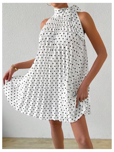 MakeMeChic Women's Polka Dots Halter Dress Tie Sleeveless Pleated A Line Flare Mini Dresses4