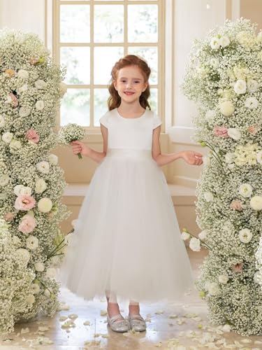 O-Neck Flower Girl Dress Cap Sleeve Pretty Wedding Party Pageant Gown Satin First Communion Dresses with Bow2