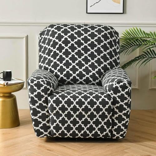 Image of House of Quirk Recliner Slipcover 4 Pieces Stretch Printed Chair Covers with Side Pocket Recliner Sofa Couch Cover Anti-Slip Fitted Recliner Cover Furniture Protector - Black Diamond