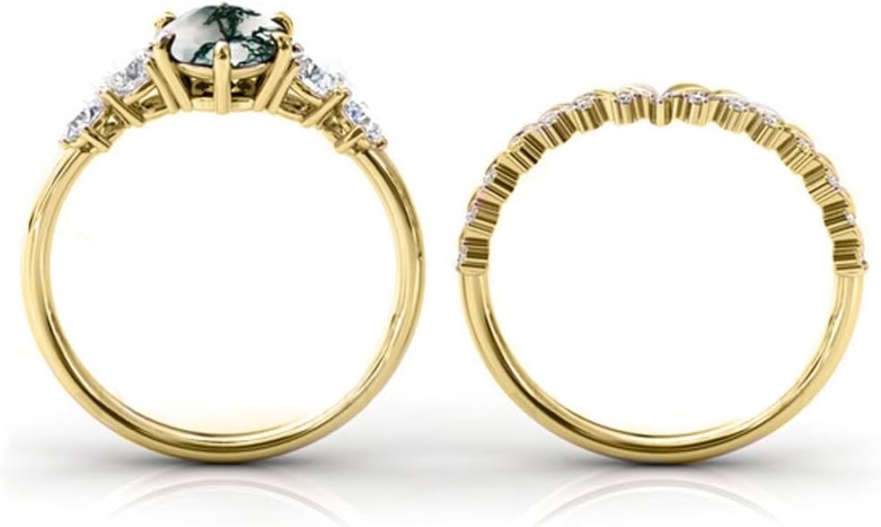 Natural Moss Agate Ring Solid 10K/14K/18K Gold Green Leaf Moss Agate Engagement Ring with Cubic Zirconia Engraved Name Wedding Bands for Women