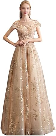 Ping Robe De Soiree Tombante Spray Dentelle Doree Longue Robe Coussin De Poitrine A Manches Courtes Coupe Slim Courroie Ajustable En Forme De Coeur Au Dos Banquet Demoiselle D Honneur Size S