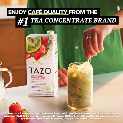 TAZO Strawberry Matcha Latte Concentrate, Sweetened Green Tea and Matcha Flavor, 32 Fl Oz Carton (Pack of 2)