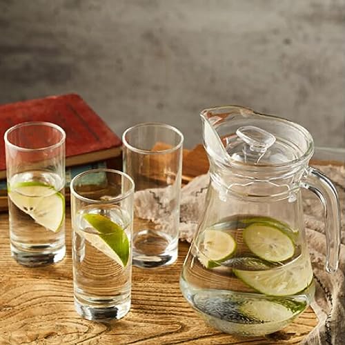 Image of Wringo Premium 7pc Crystal Water Jug with Glass Set and Jug Set Combo,Freezer Safe and Dishwasher Safe (6 Pieces Glasses 200ML and 1 Water Juice Jug 1 Liter), Transparent, Glass and Jug Set (WS-17)