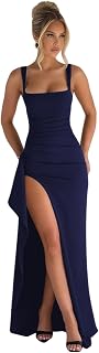 Women’s Elegant Square Neck Ruched Formal Maxi Dress Sexy High Split Ruffle Bodycon Long Dress Evening Gown