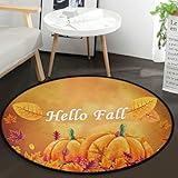 Vdsrup Hello Fall Pumpkins Doormat Autumn Maple Leaf Thanksgiving Round Floor Mat Non Slip Carpet Yoga Mat Rugs for Entryway Bedroom Living Room Home Decor 3'