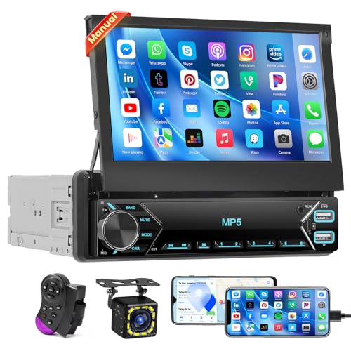 Hikity Autoradio 1 Din écran Tactile de 7 Pouces Rétractable Manuel, Bluetooth Poste Radio de Voiture avec Caméra de Recul Mirror Link, USB, SWC, Radio FM, AUX, TF