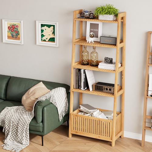 Bamjoy-Bamboo-Ladder-Shelf-Bookshelf-with-4-Display-Shelves-and-1-Open-Storage-Basket-Multifunctional-Storage-Rack-Organizer-for-Home-Office-Bedroom-Living-Room-66-H-Natural