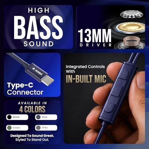 Image of AROMA HF1006 Type C Wired Earphone with HD Quality in-Line Mic,12mm Driver Hi-Res Wired