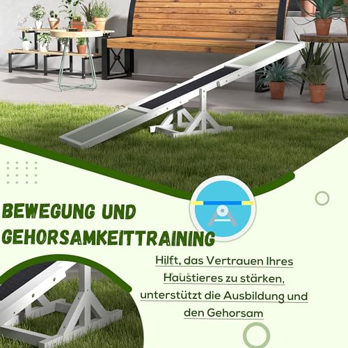 PawHut Hundewippe, Hunde Agility Wippe aus Holz, rutschfest Hunde Agilitäts Rampe für Hunde unter 30 kg, wetterfest Hundetraining Outdoor Hundesport für Balance, 180 x 30 x 30 cm Weiß