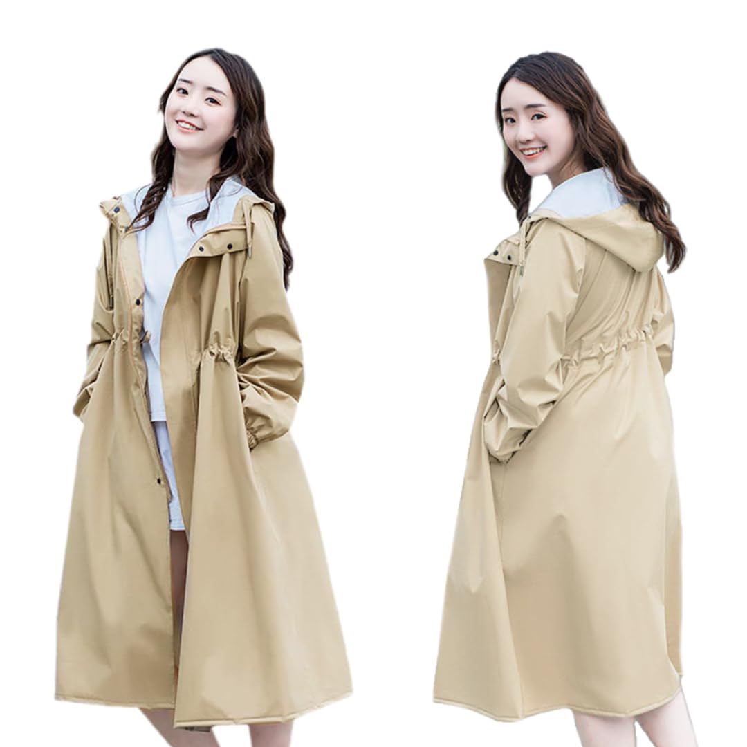[Vasarhely] M-2XL 蒸れない 薄手 レインコート レディース おしゃれ ロング レインウェア カッパ ポンチョ レインコート 防水撥水 コート可愛い 綺麗め 軽量 大きいサイズ 袖口ゴム ポケット付き 長め 梅雨対策 アウトドア 雨具 秋 (JP, アルファベット, XL, ベージュ)