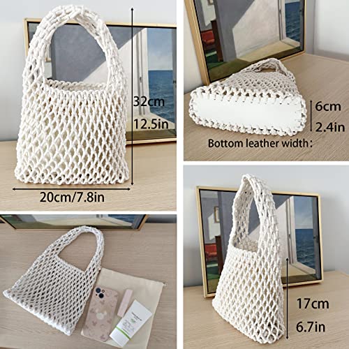 Image of Mini Clutch Handbag Fishing Net Bucket Bag Cotton Rope Crochet Drawstring Woven Beach Bag Small Tote for Women Girls