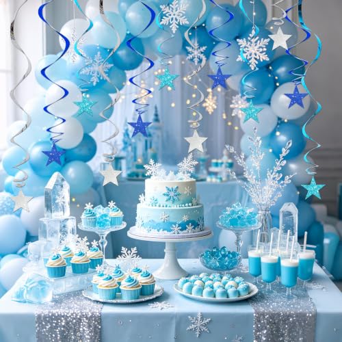 Image of BEISHIDA Blue Blue Silver Pre-Strung Glitter Stars Hanging Swirls Hanging Ornament Decorations for Birthday Party Baby Shower Congrats Grade Graduation Decorations,Pack of 15