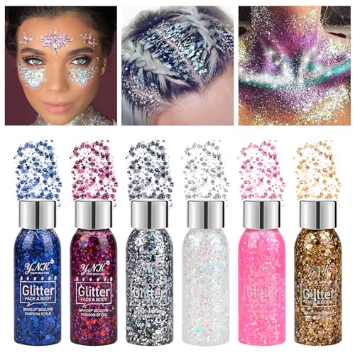 XiYee 6 Bottiglia Glitter Body Gel, Brillantini Make Up, Glitterato con Lustrini, per Viso, Unghie, Occhi, Labbra, Capelli, Corpo, Chunky Glitter Gel per Musica, Festival, Feste in Maschera