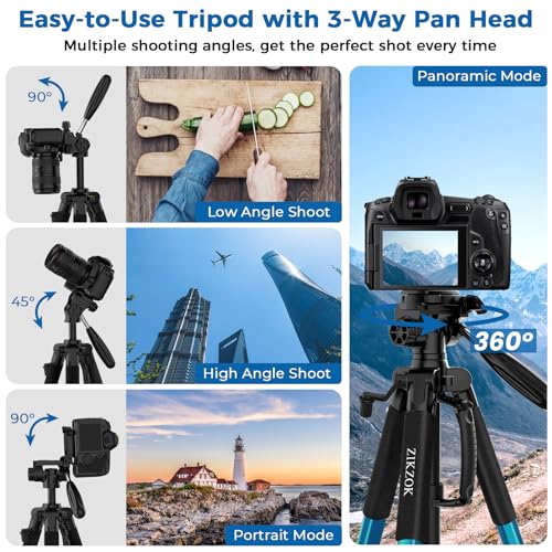 75" Heavy Duty Camera Tripod Stand with Bluetooth Remote - Max Load 15LB, Aluminum Travel Tripod for DSLR/Phone/Tablet/Projector, 3-Way Pan Head & Quick Release Plate, Compact Foldable Design (Blue)