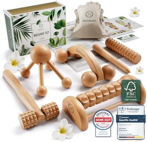 HELDSON Massage Set Holz 6-teilig – Massageset für Fuß, Kopf & Rücken | Dermatest "sehr gut", FSC 100% Holz, Fußmassage Roller, Kopfmassage & Triggerpunkt, Wellness Geschenk für Pä