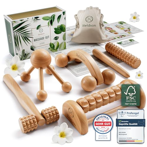 HELDSON® Massage Set Holz [6 Teile] FSC®100% - Diverse Massagegeräte & Massage Roller - Fußmassage, Kopfmassage, Triggerpunkt Drücker - Entspannung - Ostern Geschenke - Anti Cellulite, Stress