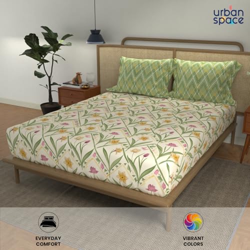 Image of Urban Space Divine 100% Cotton King Fitted Size Bedsheet, 144 TC Super Soft Elastic bedsheets for King Size Bed, Floral Design King bedsheet with 2 Pillow Covers (72 inch x 78 inch, Spring Sage Green)